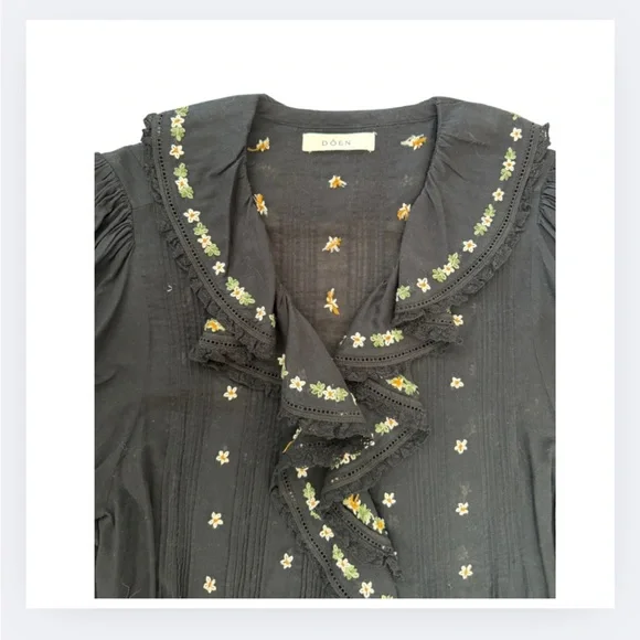 DÔEN Hettie Embroidered Ruffle Organic Cotton Top | Size L - Picture 5 of 8